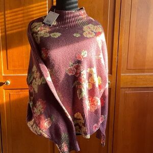 LC Lauren Conrad Floral Knit Poncho - Burgundy and Yellow